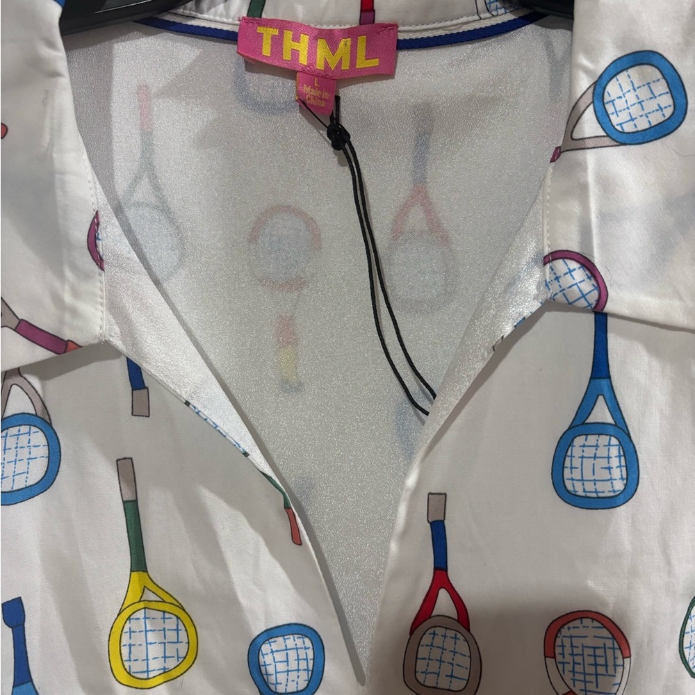THML NWOT. Never worn. White Mini Dress with Multicolor Tennis Racket Print
